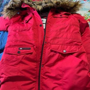 Canada Weather Gear Women's Red Puffer Jacket with Faux Fur Hood